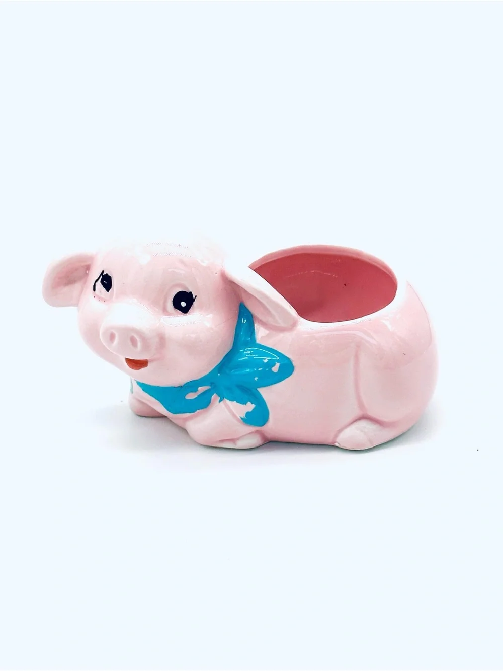 Pink Ceramic Pig Planter with Blue Scarf